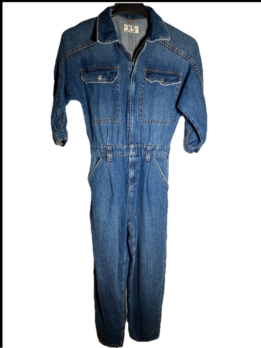 Free People Jumpsuit Sz XS Blue Denim Zip Front Pockets Loose Fit 100% Cotton